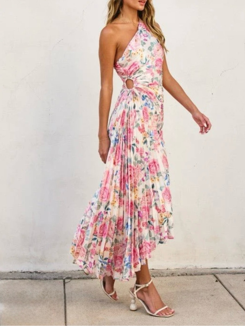 VICI Women’s Medium Pink Floral One Shoulder Modern Day Glam Pleated Midi Dress